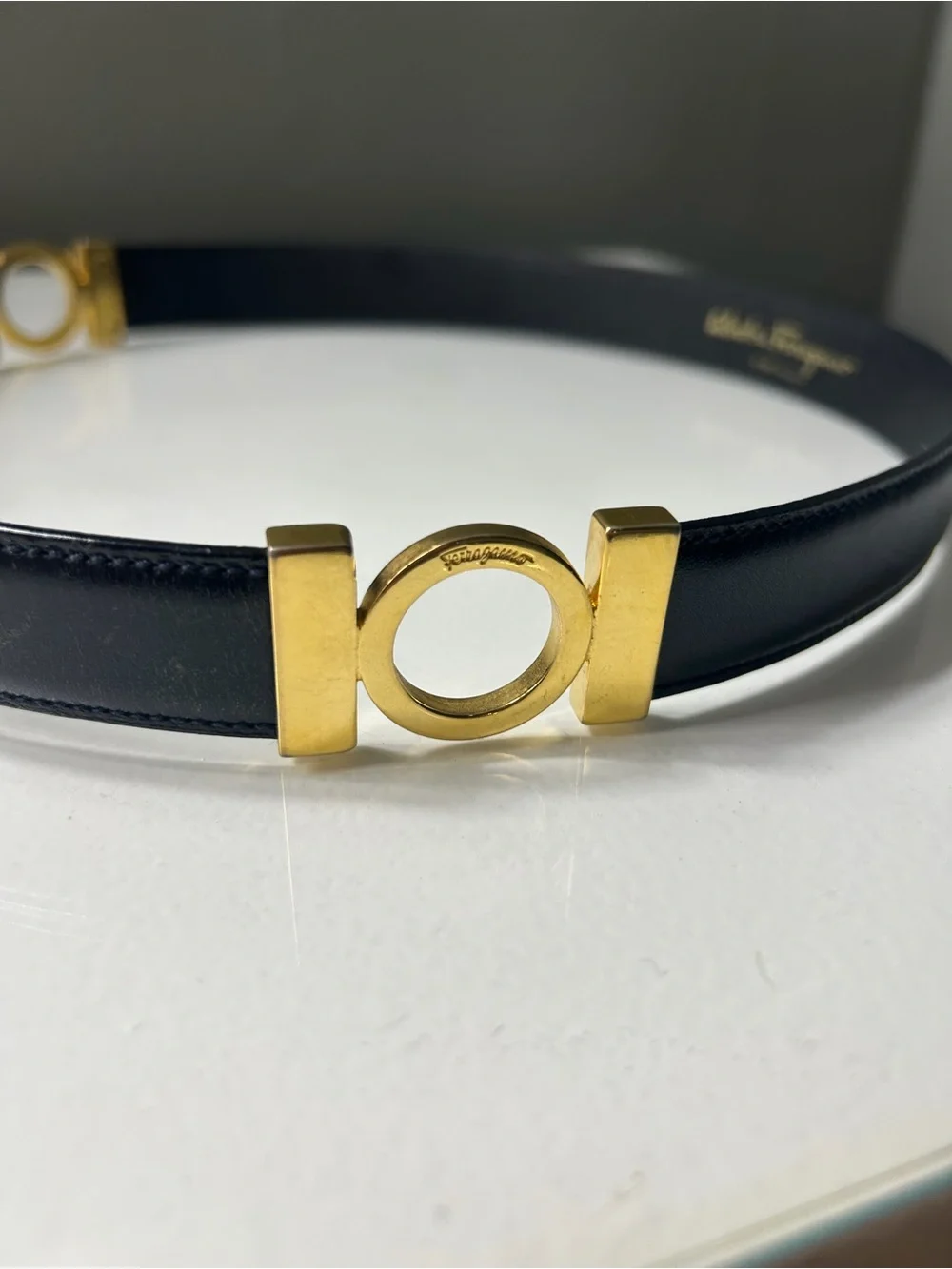 Salvatore Ferragamo Navy Blue Gancini Belt w Gold Buckle 30.5”L